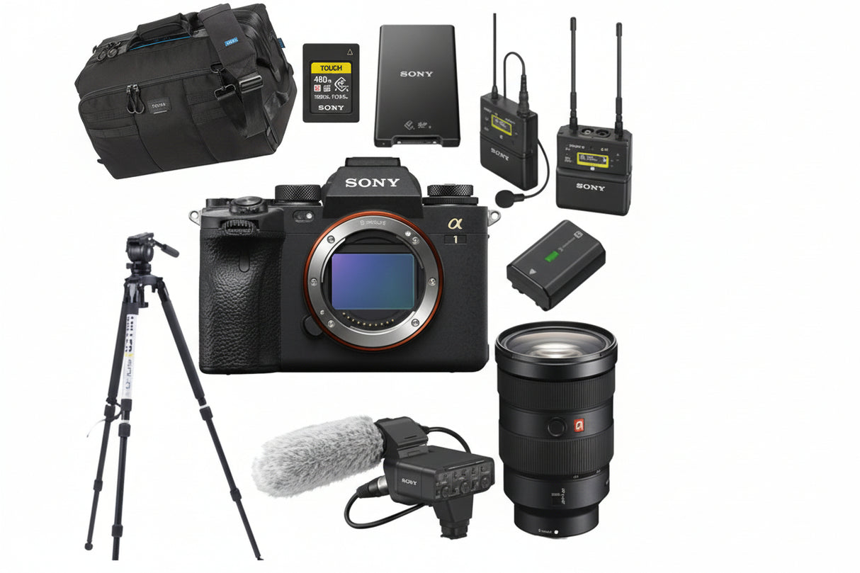Sony camera with accessories including a lens, microphone, and battery on a white background