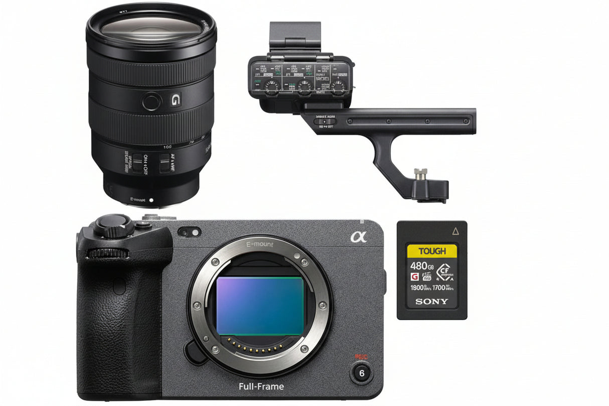 Sony camera with lens, microphone, and memory card on a white background