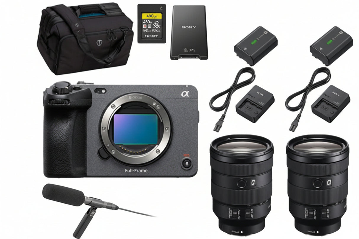 Sony camera with lens, battery, charger, and accessories on a white background