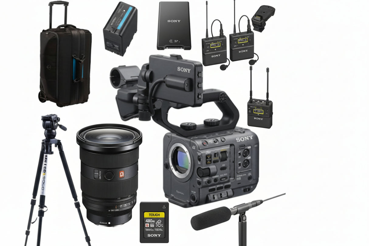 Collection of Sony camera equipment including camera, lens, battery, and accessories on a white background.