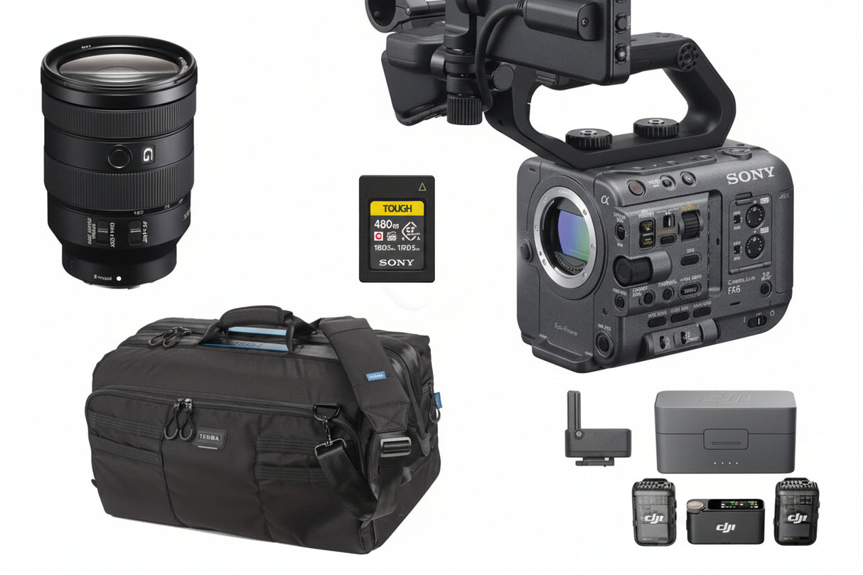 Sony camera equipment including camera body, lens, battery, and accessories on a white background