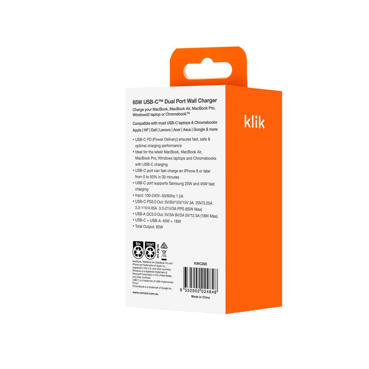 Comsol Klik Dual USB Wall Charger (65W)