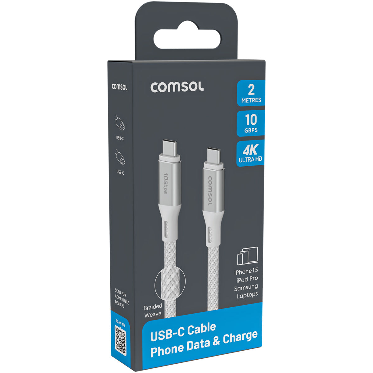 Comsol 2m 10Gbps USB-C to USB-C Cable (White)