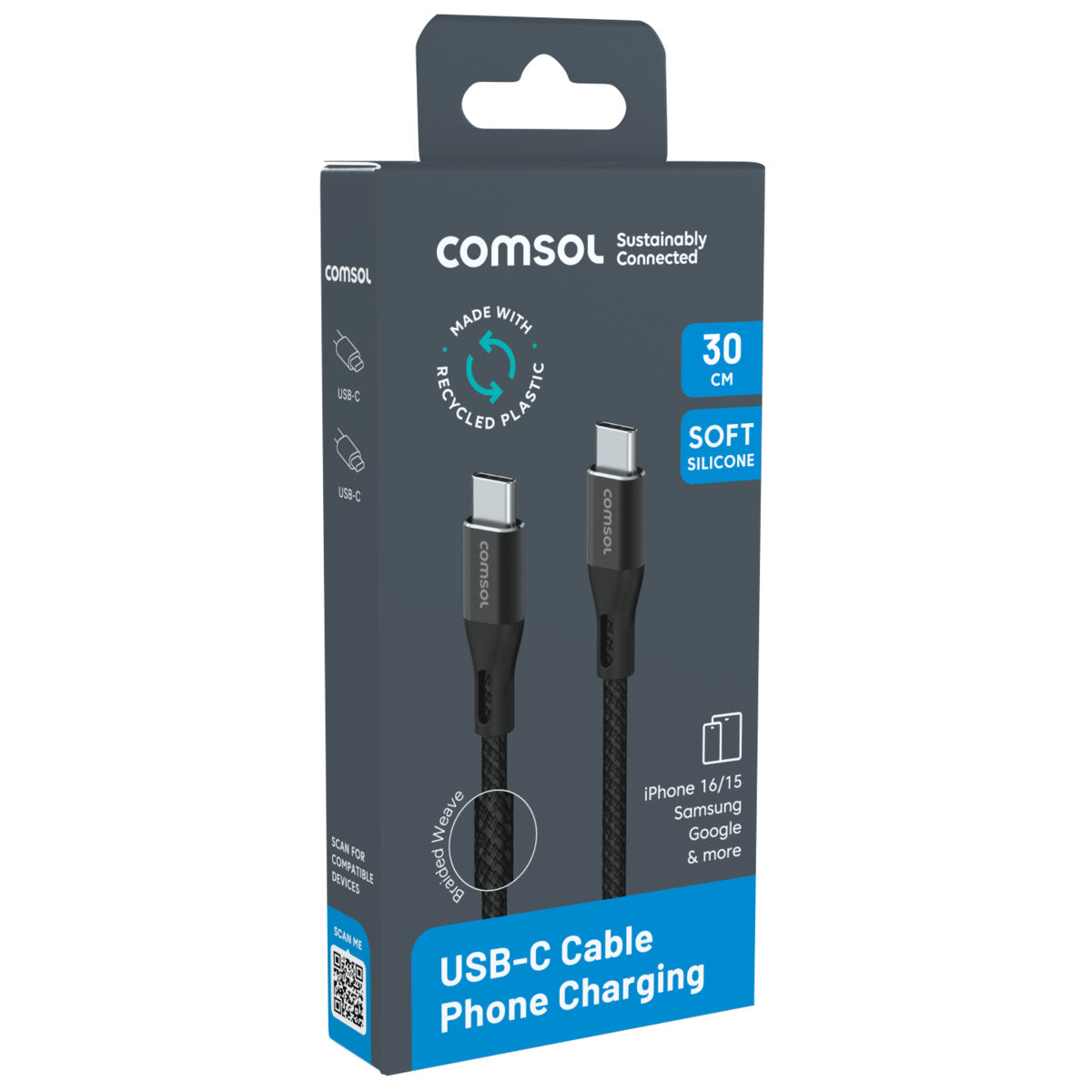 Comsol 30cm USB-C to USB-C Silicone and Fabric Cable