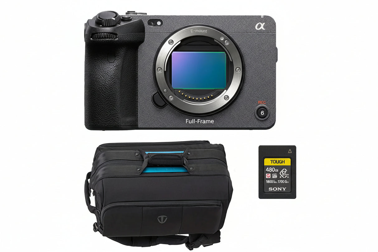 Sony camera with carrying case and memory card on a white background