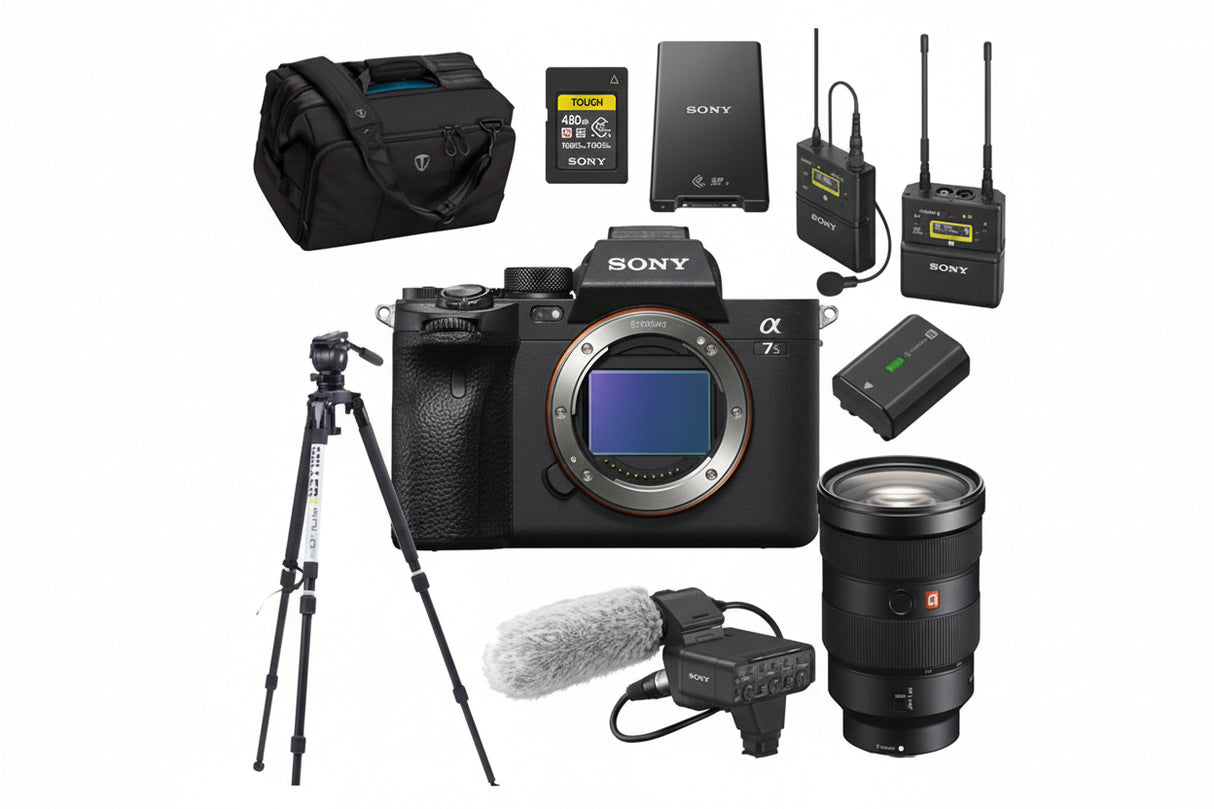 Sony camera with accessories including a lens, microphone, and battery on a white background