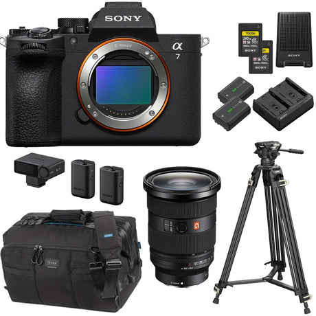 Sony Alpha 7 camera kit with a black body, lens, tripod, bag, batteries, charger, and memory cards on a white background.
