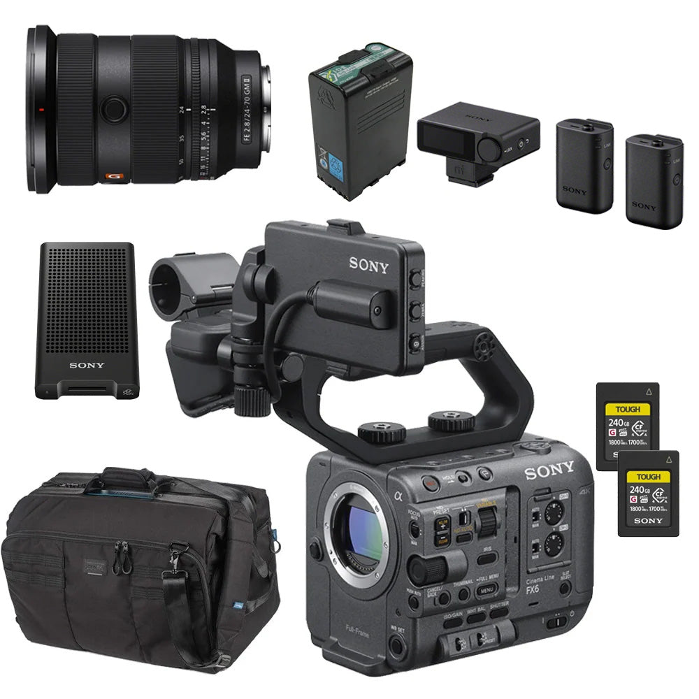 Sony professional video camera kit with a black camera body, lens, battery, charger, batteries, memory cards, speaker, and carrying bag on a white background.