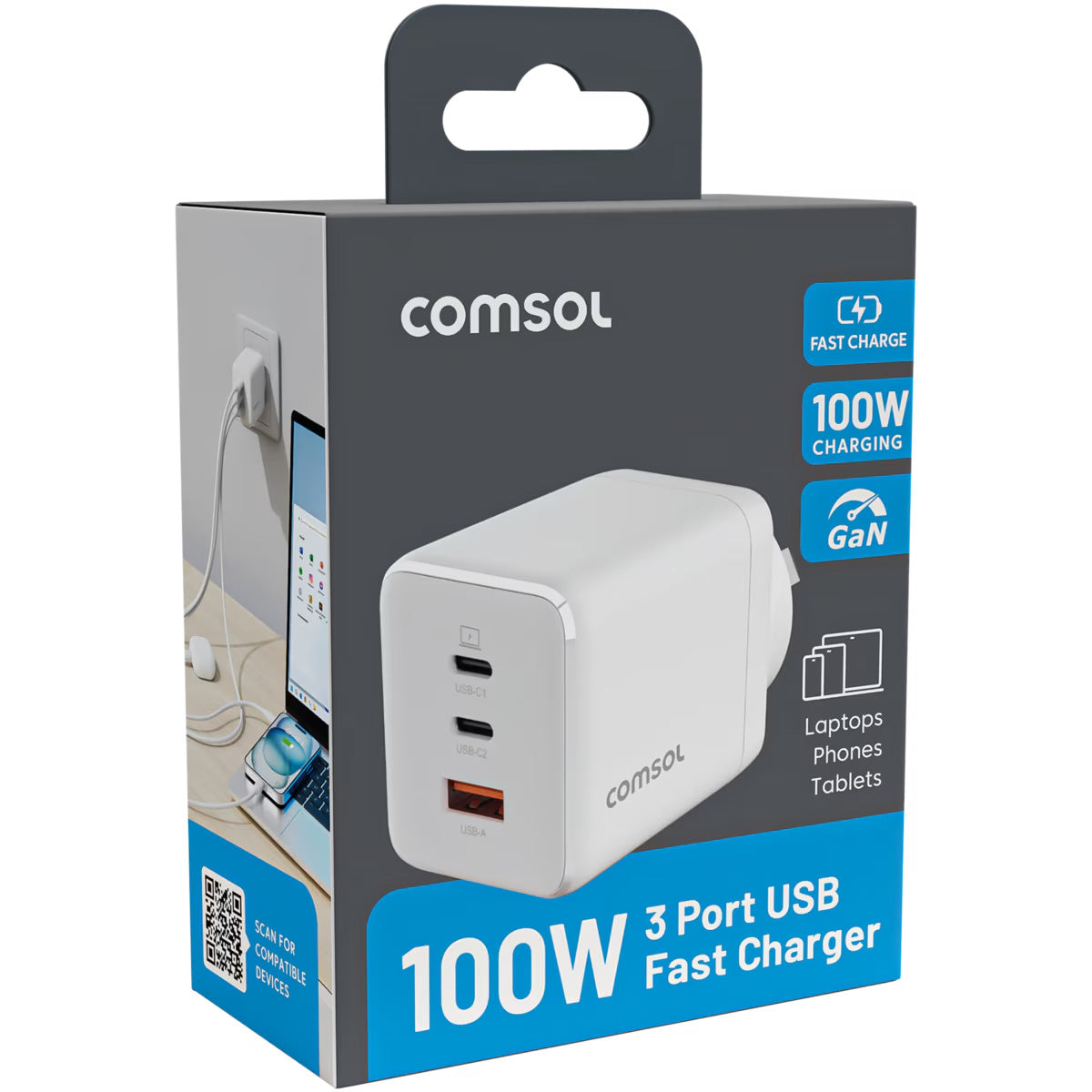 Comsol 100W 3 Port USB GaN Wall Charger