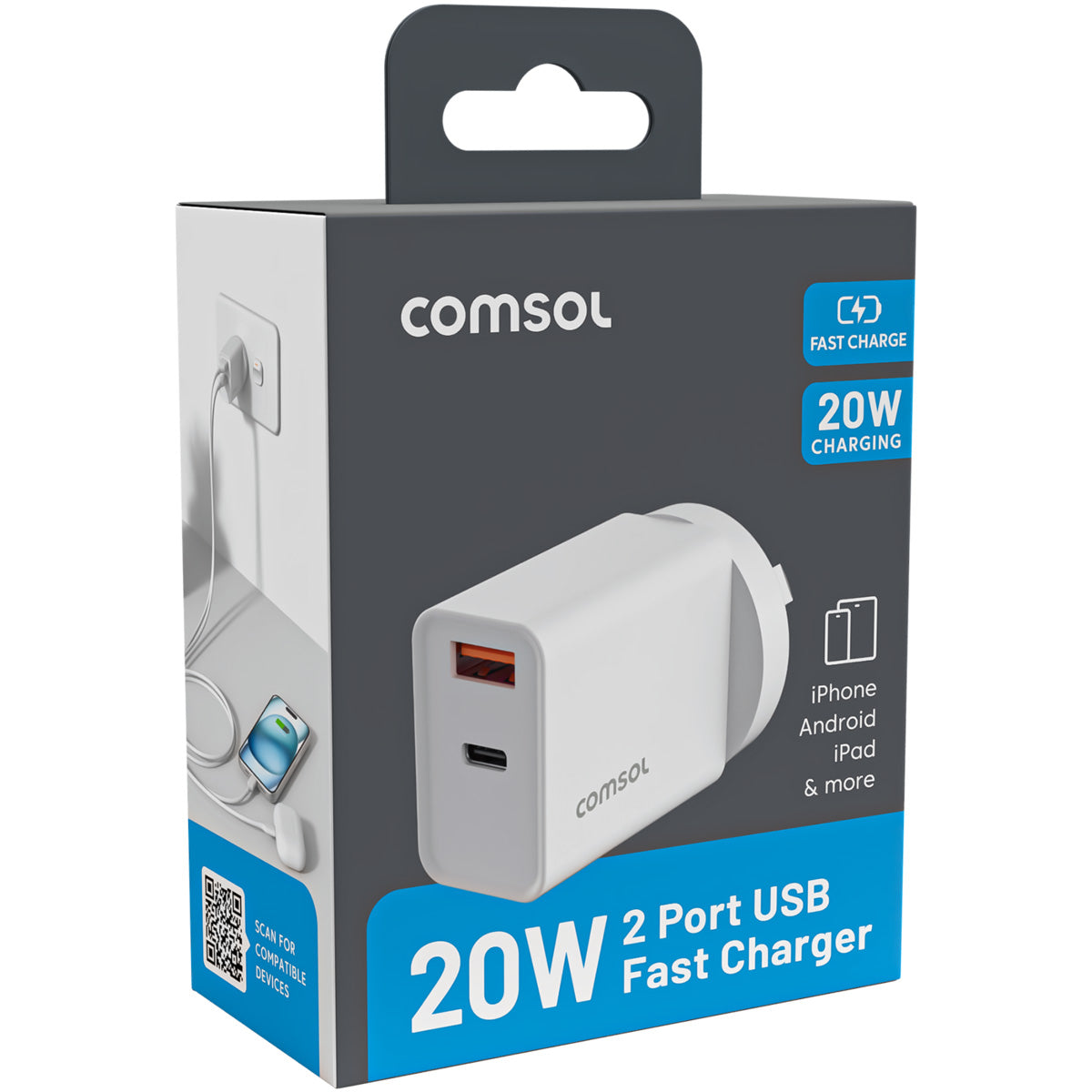Comsol 20W Dual Port USB Wall Charger (White)
