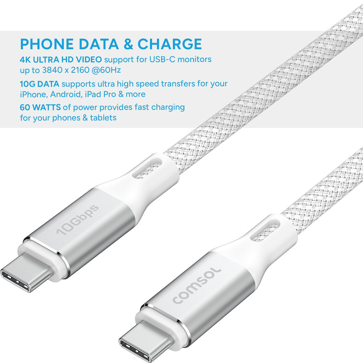 Comsol 2m 10Gbps USB-C to USB-C Cable (White)