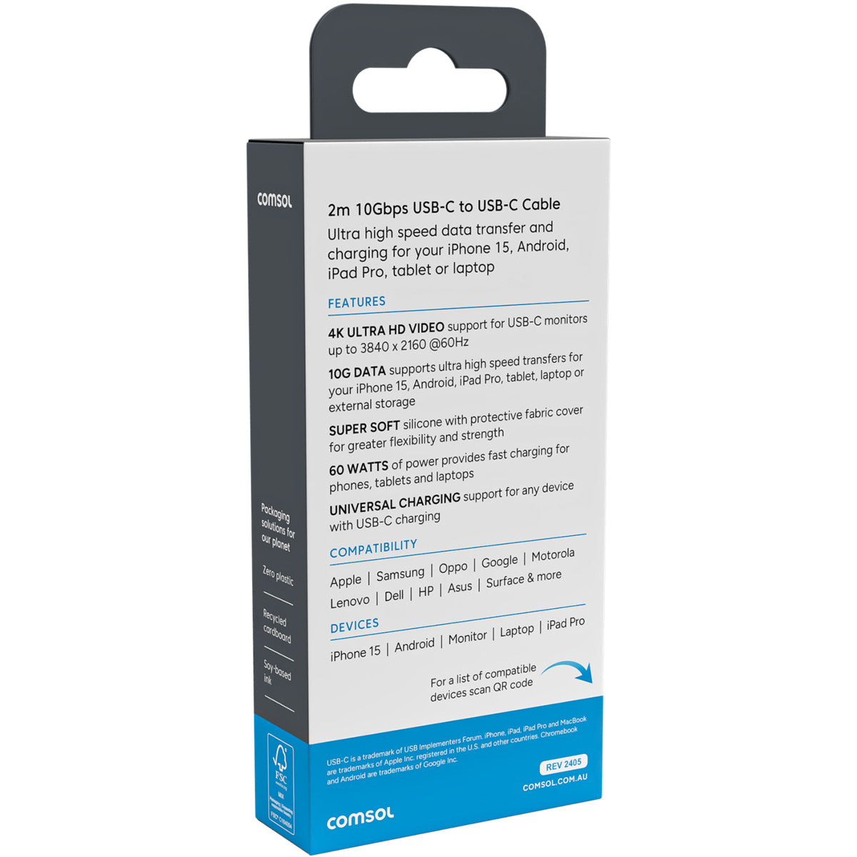 Comsol 2m 10Gbps USB-C to USB-C Cable (White)
