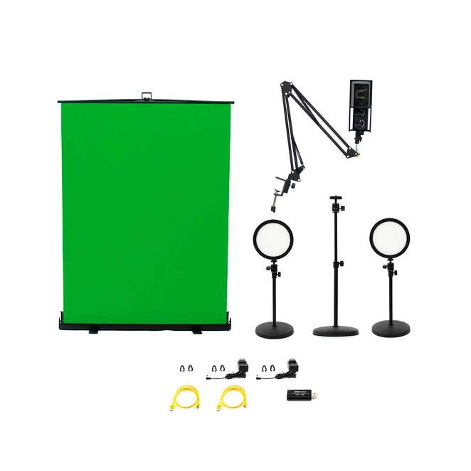 Ikan HomeStream Kit 4 with Desktop Lights and Green Screen and Capture Device and Camera Stand and Podcast Mic